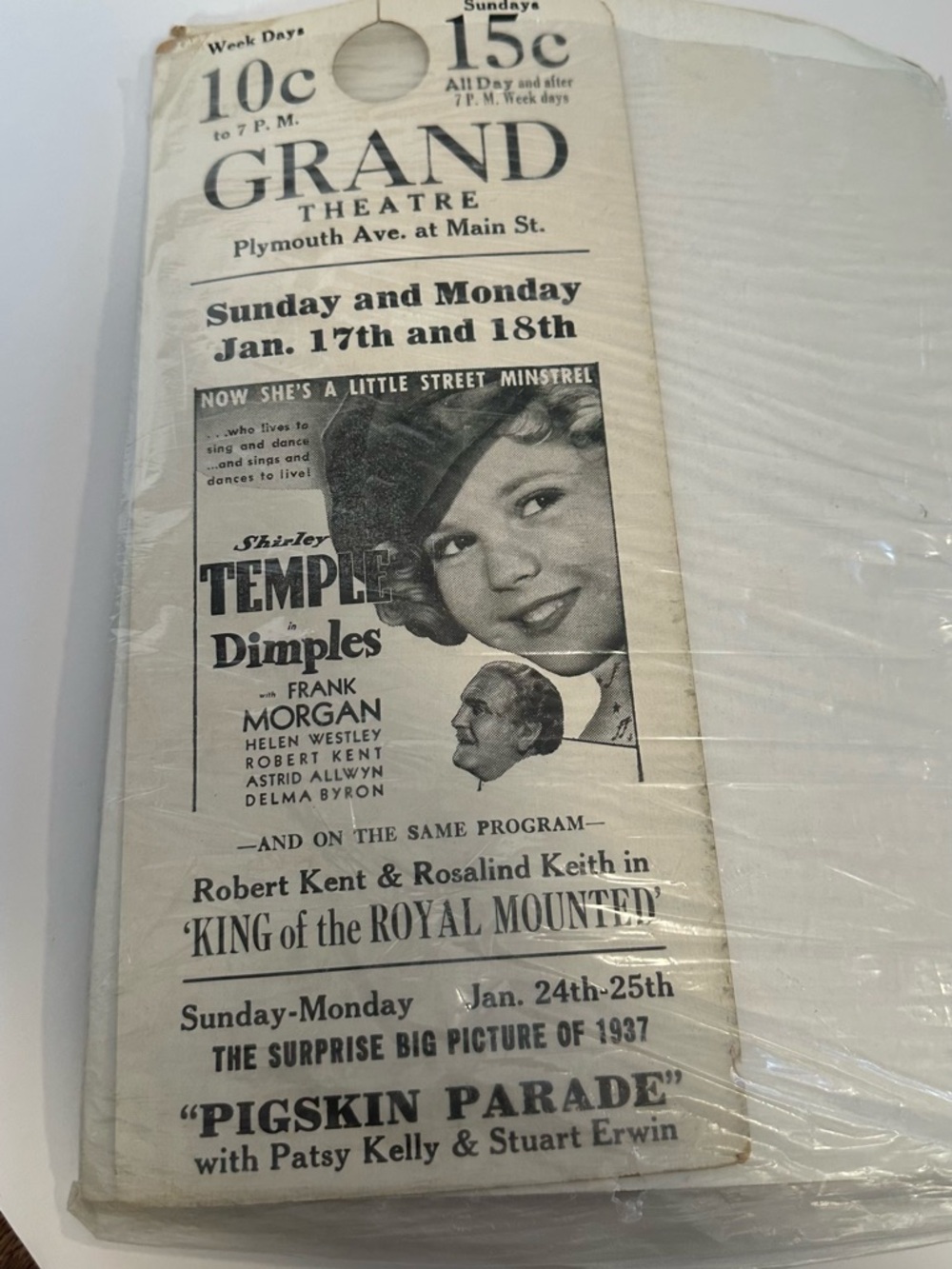 Vintage 1937 Grand Theatre Handbill – Shirley Temple “Dimples” Movie Program